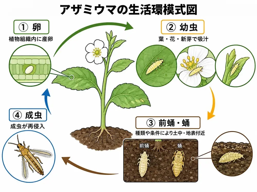アザミウマの生活環模式図（卵-幼虫-前蛹･蛹-成虫のライフサイクル）