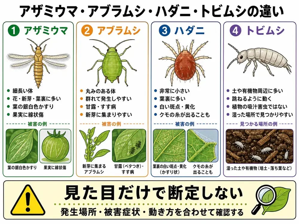 アザミウマ・アブラムシ・ハダニ・トビムシの違い