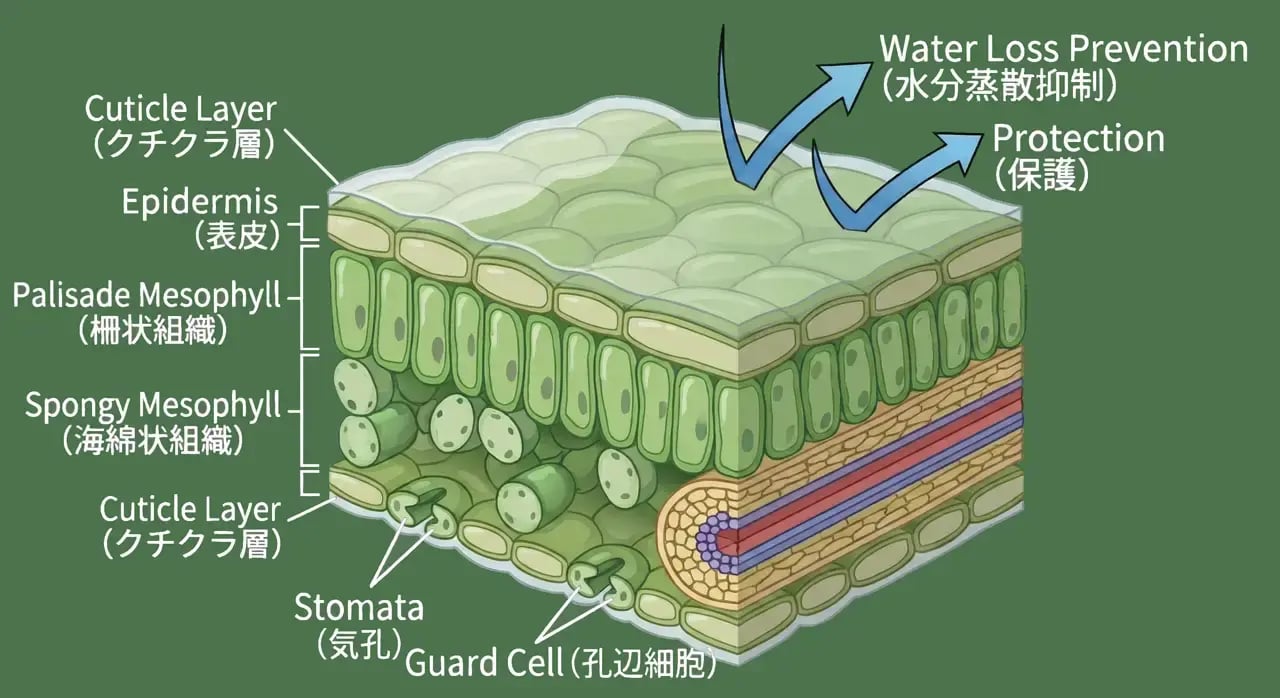 植物の葉の断面図。最表面にある薄いクチクラ層が、内部の細胞を乾燥や外敵から守っている様子。電子顕微鏡で拡大した葉の表面イメージ構造です。ワックスが層状に重なり、水を弾くための微細な凸凹が形成されています。