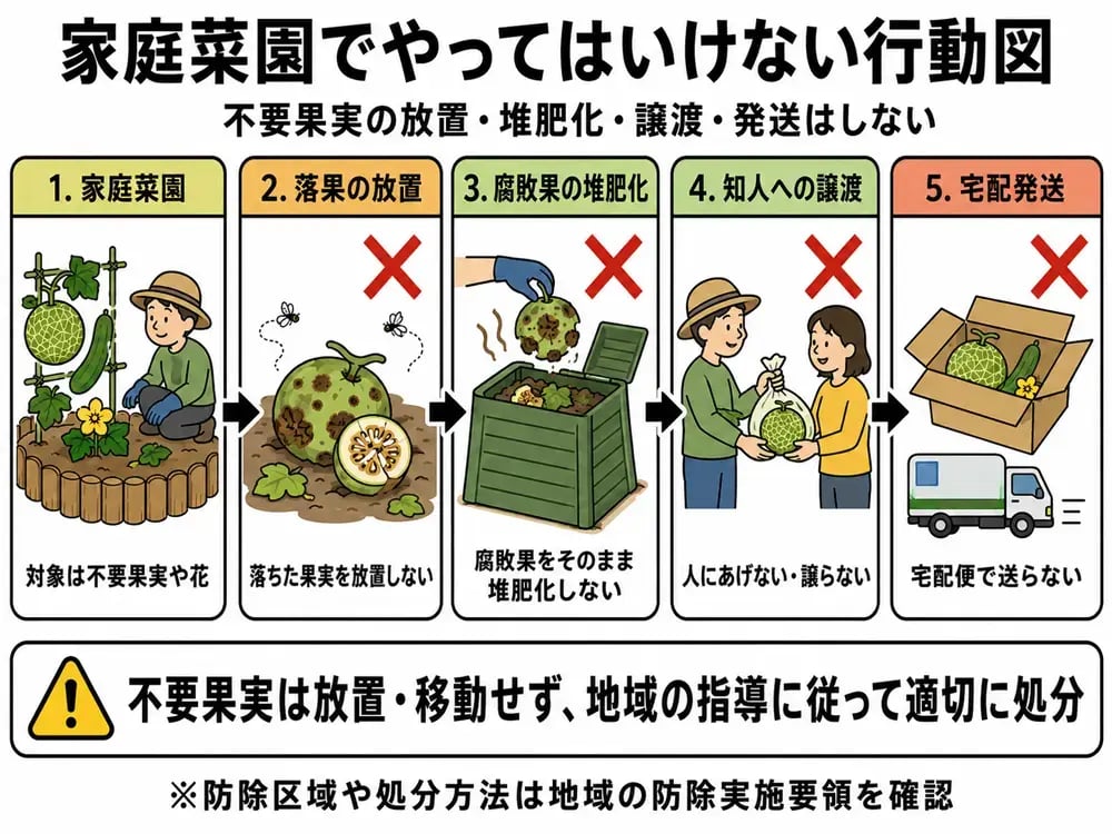 セグロウリミバエ対策で家庭菜園の不要果実を放置・移動・譲渡してはいけないことを示す図