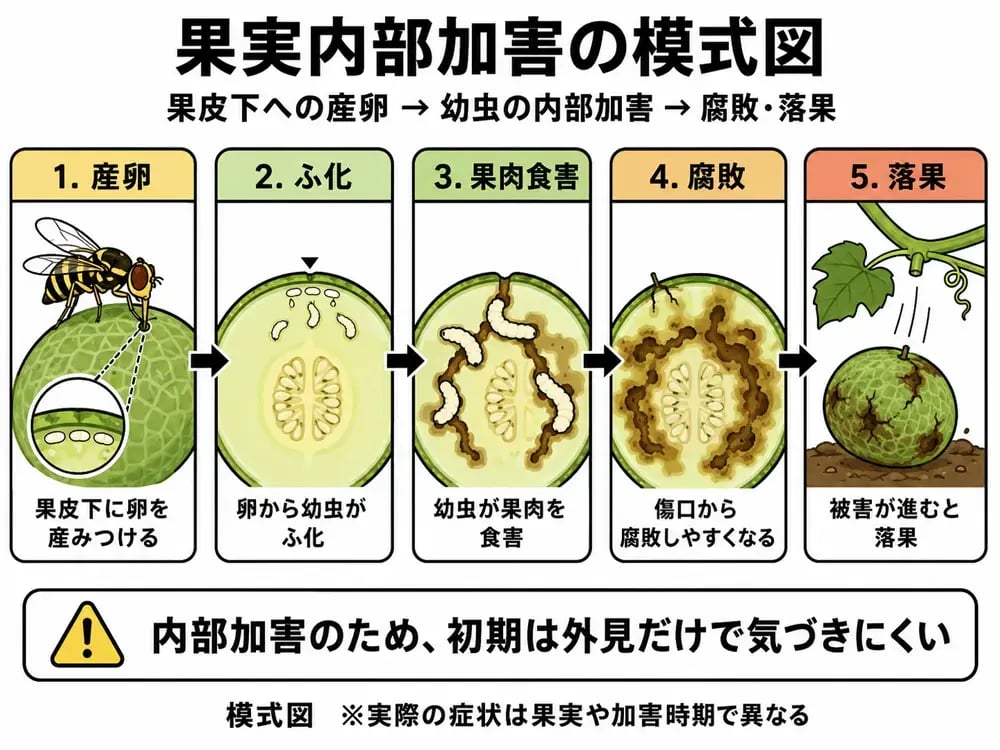 セグロウリミバエの幼虫が果実内部を食害し腐敗や落果を引き起こす模式図