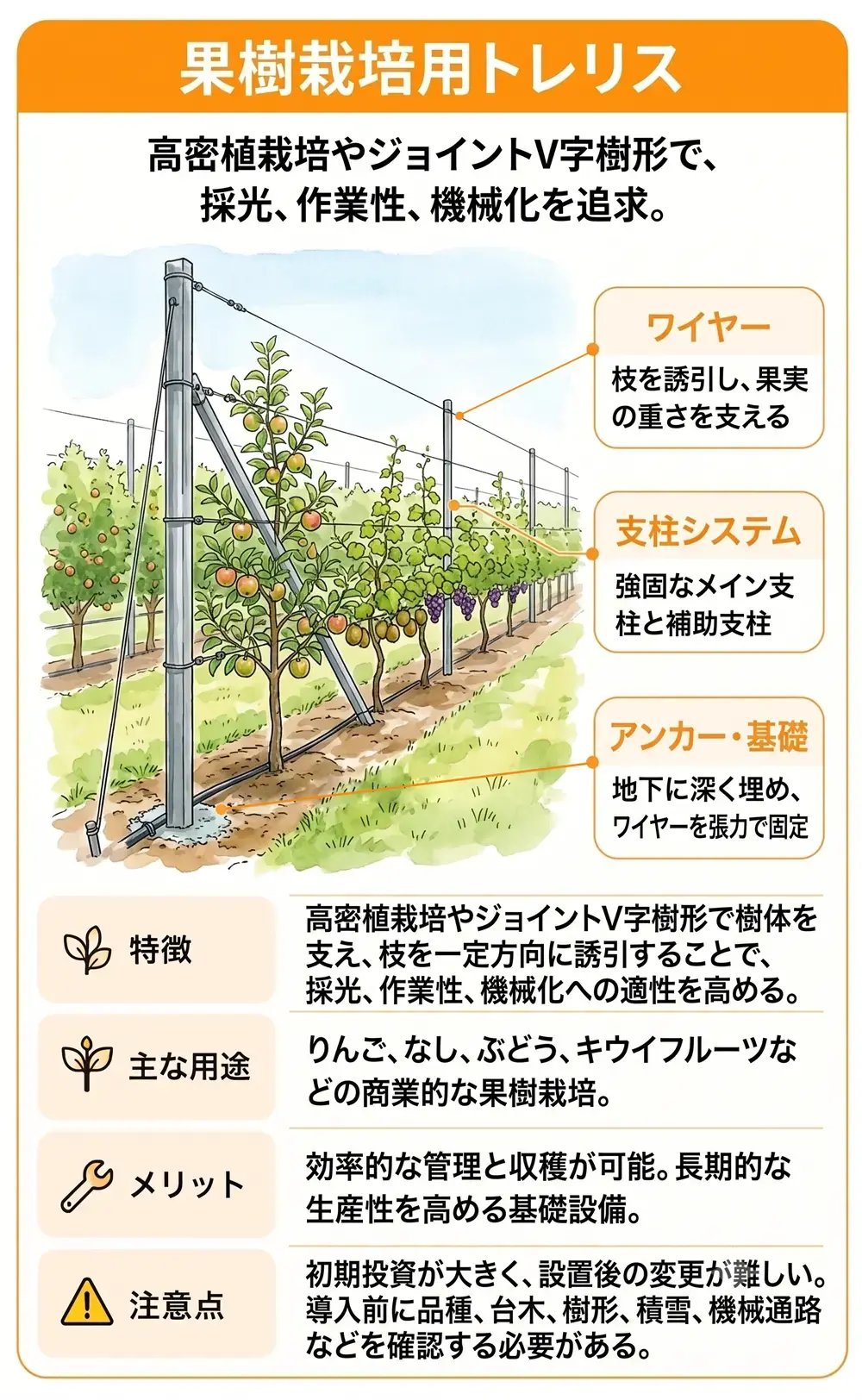 支柱とワイヤーで果樹を支える果樹栽培用トレリスのイラスト