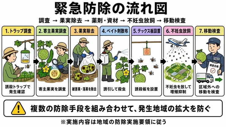 緊急防除の流れ図（セグロウリミバエ対策）