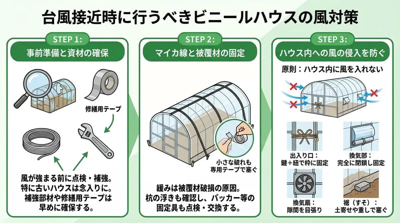 台風接近時に行うべきビニールハウスの風対策