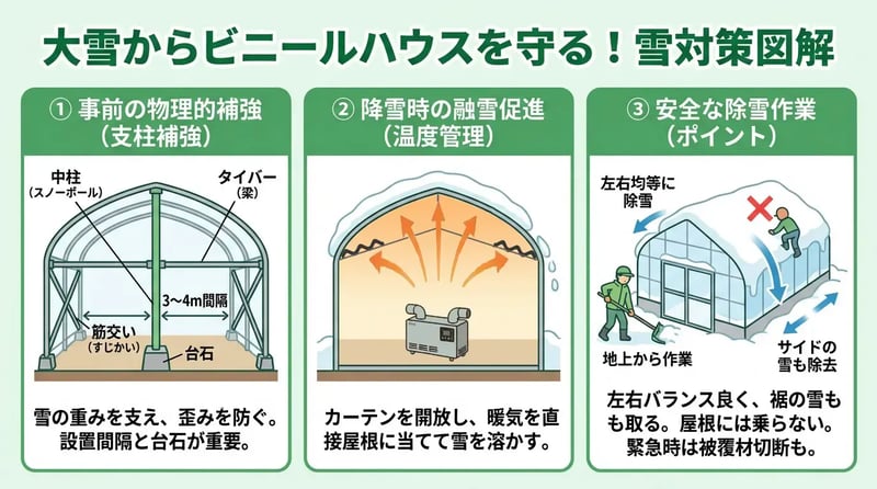 大雪からビニールハウスを守るための雪対策