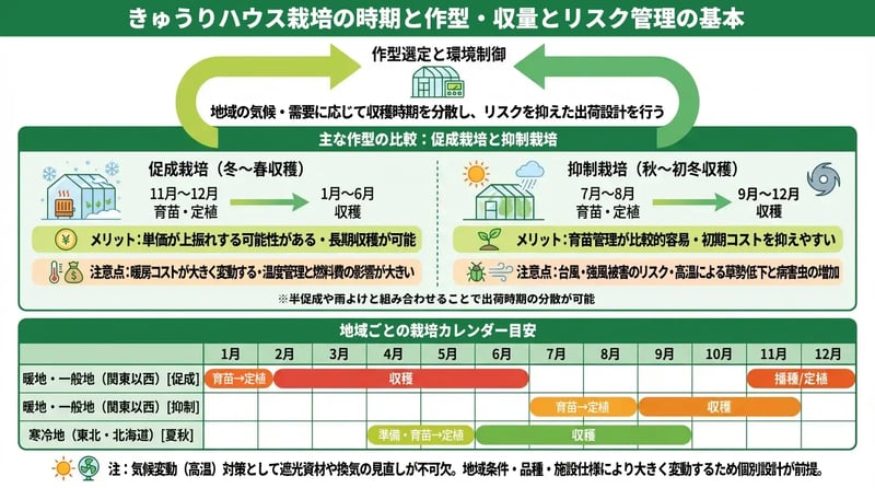 きゅうりハウス栽培の時期と作型・終了とリスク管理の基本