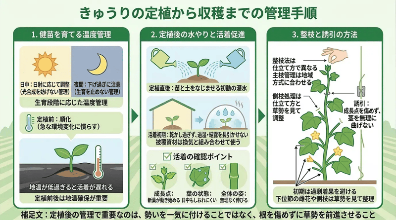 きゅうりの定植から収穫までの管理手順