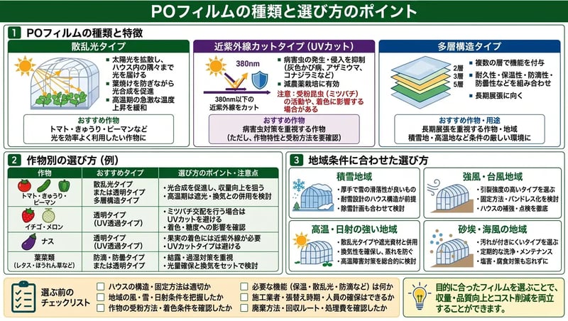 POフィルムの種類と作物別・地域別の選び方を示した図
