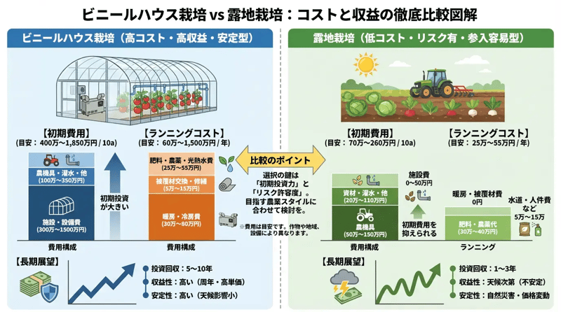 ビニールハウスと露地栽培のコストはどれくらい違う？
