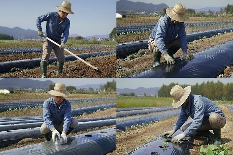 マルチの畝たて_展張_穴あけ_定植作業