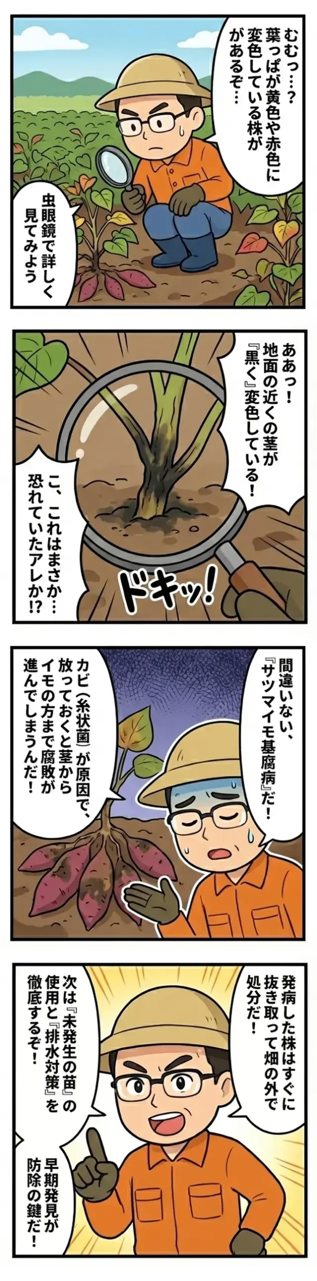 4コマ漫画-サツマイモ基腐病(さつまいももとぐされびょう)