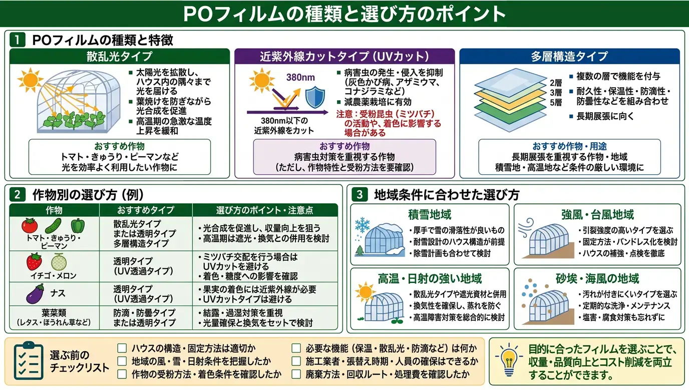 POフィルムの種類と作物別・地域別の選び方を示した図
