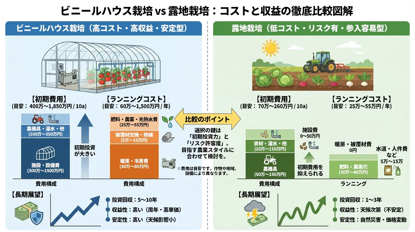 ビニールハウスと露地栽培のコストはどれくらい違う?