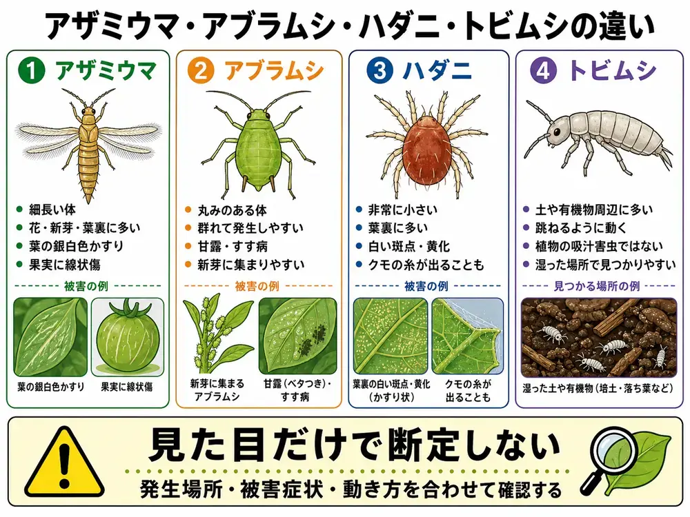 アザミウマ・アブラムシ・ハダニ・トビムシの違い