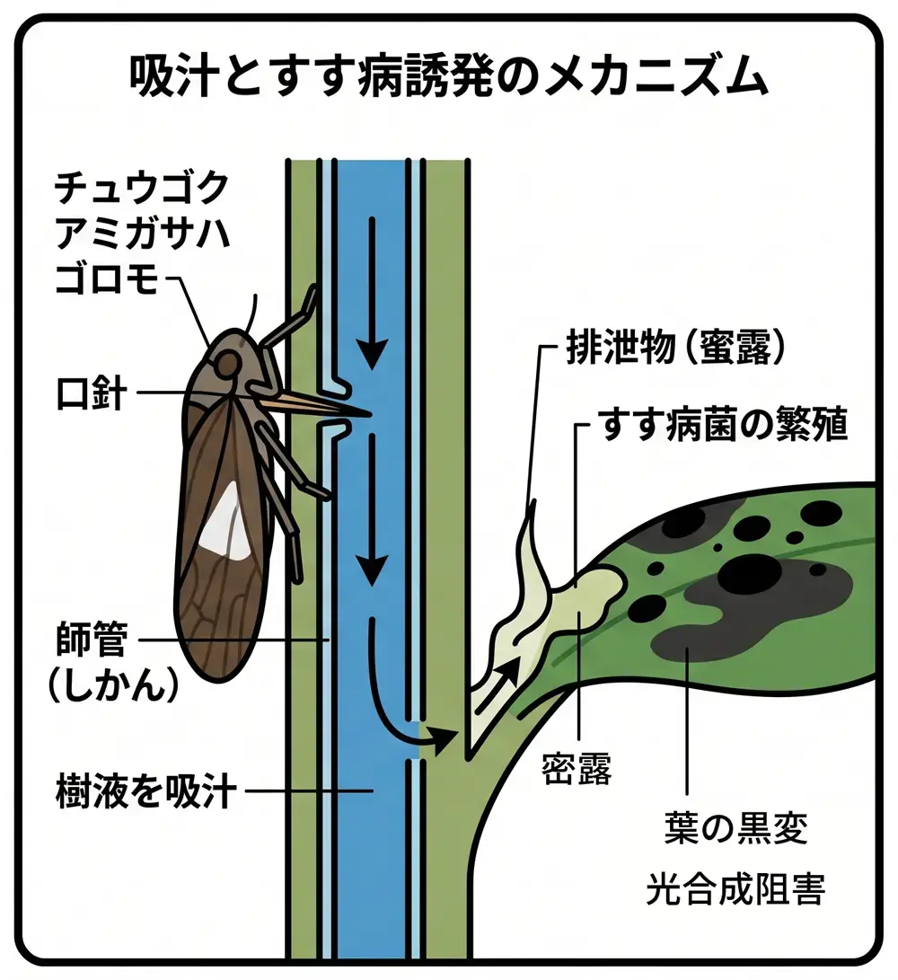 チュウゴクアミガサハゴロモ-吸汁とすす病誘発のメカニズム