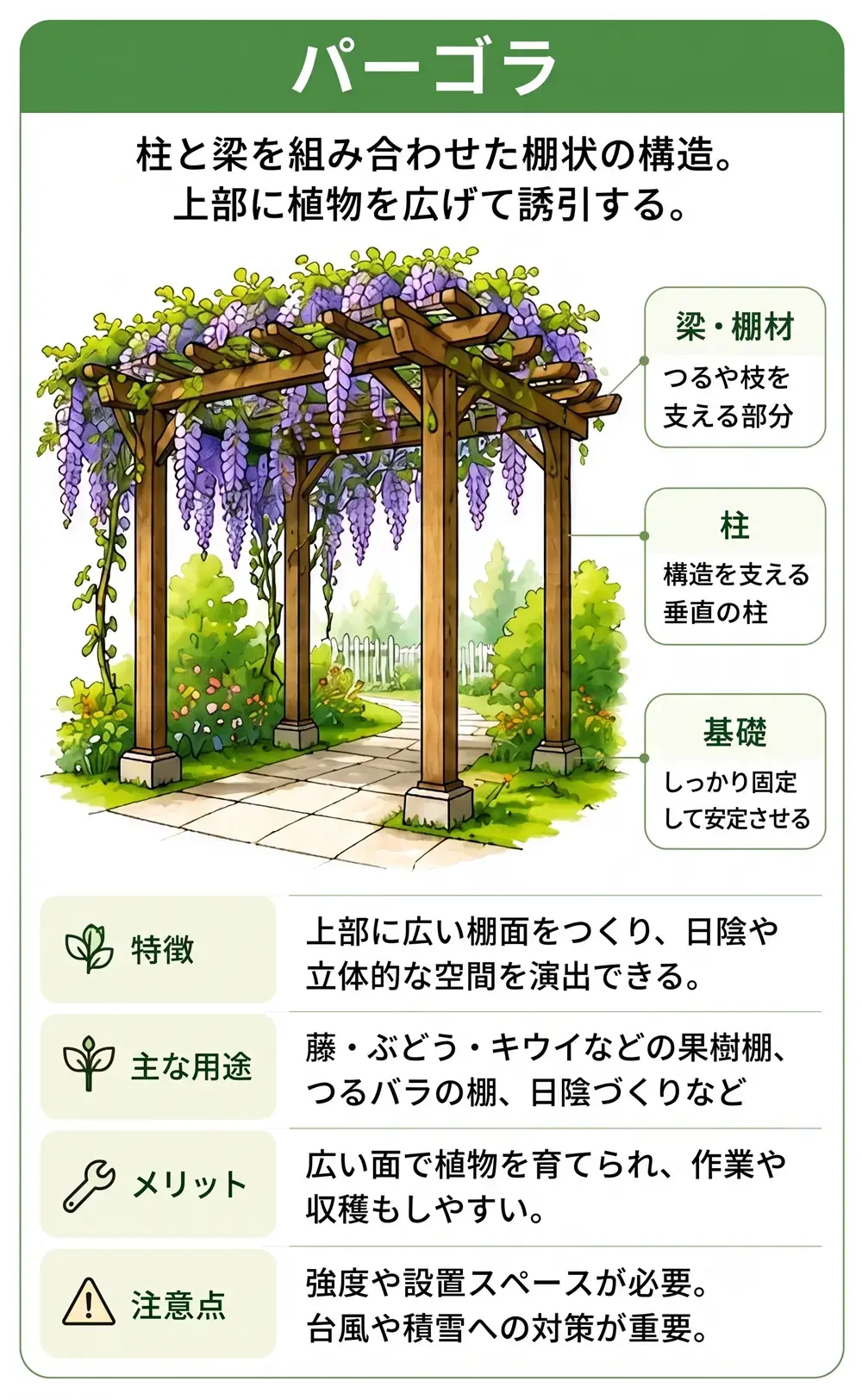 柱と梁で構成された木製パーゴラにつる性植物を誘引した模式図
