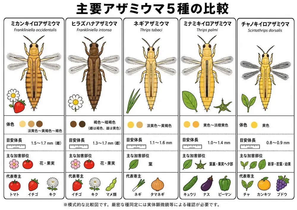 主要アザミウマ5種の比較イラスト
