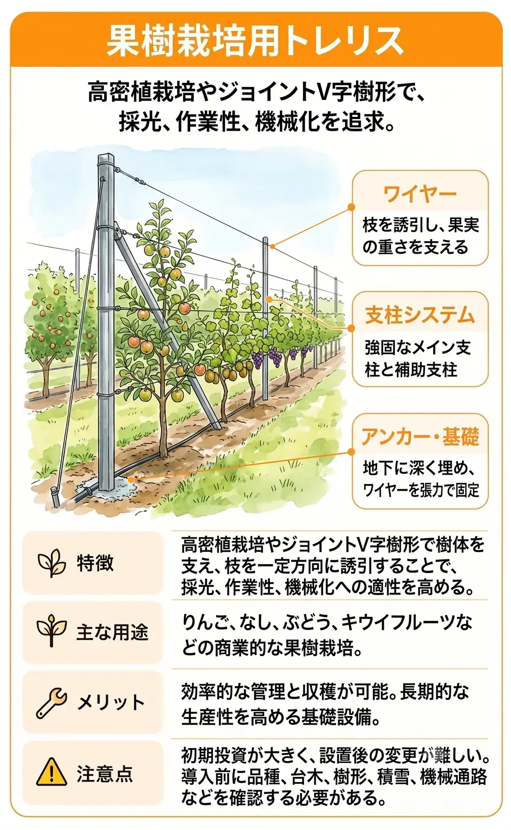 支柱とワイヤーで果樹を支える果樹栽培用トレリスのイラスト