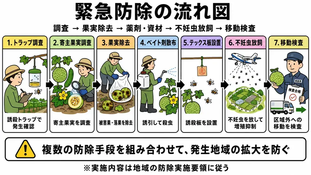 緊急防除の流れ図（セグロウリミバエ対策）