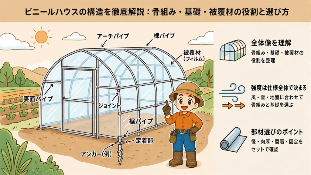 ビニールハウスの構造・骨組みを図解で解説｜各部材の名称・役割と選び方のポイント
